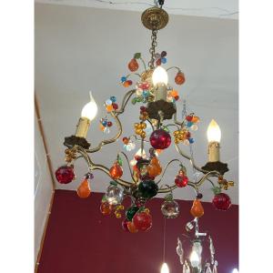 Murano Chandelier With Gilded Brass Frame And Bunches Of Grapes And Fruit In Colored Glass