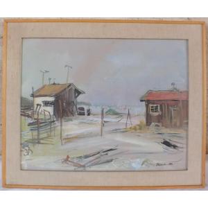 Jean-gérard Carrère Gouache Watercolor Piraillan Cap Ferret 1962