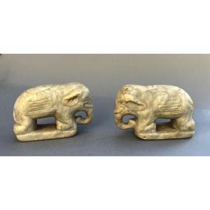 Pair Of Antique Chinese  Carved Marble Elephants