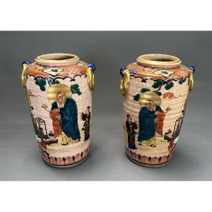 Pair Of Japanese Satsuma Vases Ancient Rakan Disciples Of Buddha Signed