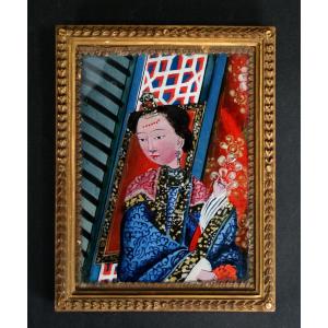Antique Chinese Reverse Glass Painting Beautiful Girl