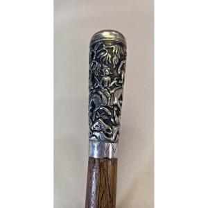 Antique Cambodian Cane, The Handle Solid Silver. Walking Stick.