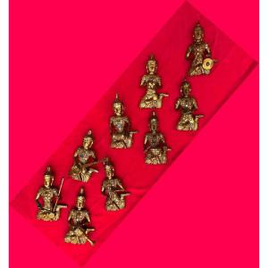 Traditional Thai Orchestra 9 Musicians Hand Carved Golden Wood With Inlaid Decor