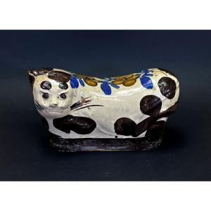 Antique Chinese Cizhou Style Pottery Cat Pillow With Floral Design
