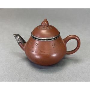 Antique Chinese Yixing Miniature Teapot Silver Mounts Signed 19th Century