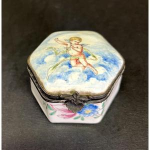Delightful French Faience Pill Box Winged Cherub Romantic Gift