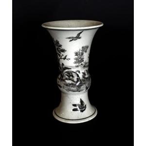 First Period Worcester Porcelain Vase Bird Decoration Black Transfer Circa 1760