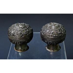 Pair Straits Chinese Peranakan Solid Silver Betel Nut Sirih Pots Cembul