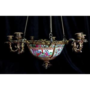 Antique Chinese Canton Famille Rose Medallion Porcelain & Gilt Bronze Chandelier.