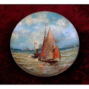 Painting Large Terracotta Plaque Marine Scene Sailboat Paddle Boat Sail:steam