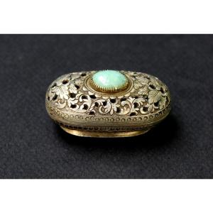 Antique Chinese Silver Pomander Box, Perfume Diffuser, Jade Cabochon