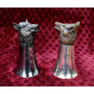 Pair Of Silver Plated Stirrup Cups Wild Boars Head - Hunter's Cup, Italian 