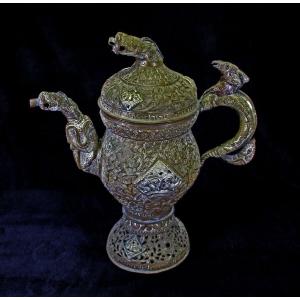 Very Large Antique Tibetan Teapot Buddhist Monastery Brass And Silver Tibet
