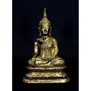 Antique Thai Buddha Rattanakosin Bhumisparsha Mudra Gilt Bronze 19th Century