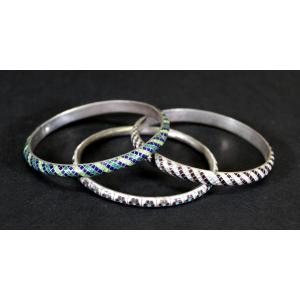 Set Of 3 Antique Indian Silver And Cloisonne Enamel Kashmir Bangles Bracelets