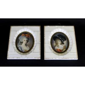 Pair Of Miniature Portraits In Ivory Mother Of Pearl Frames Signed Marie Antoinette Duchess Of Devonshire