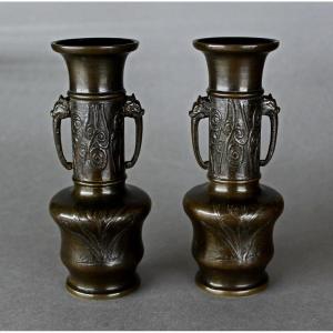 Pair Of Antique Japanese Bronze Vases. Meiji Period Japan.