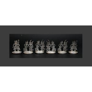 Set Of Six Antique Indonesian Silver Menu Holders, Javanese Shadow Puppet Java 