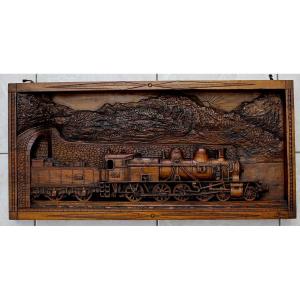 Vintage 3d Wood Carved Panel Steam Train Locomotive P.l.m. Nimes Railway Dated 1933