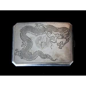Antique Chinese Export Silver Business Card Case Shanghai Dragon 1927-30