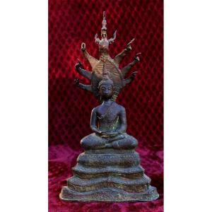 Large Meditation Buddha Under The Naga Bronze Thailand Rattanakosin Thai
