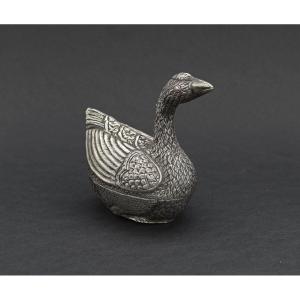 Antique Khmer Betel Lime Box Cambodia Solid Silver Birds Goose Duck