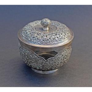 An Antique Vietnamese Solid Silver And Glass Cosmetic Jar And Lid