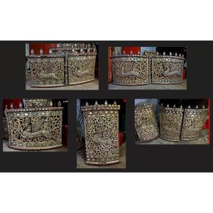 9 Large Burmese Antique Carved Gilt Wood Mirrored Panels Interior Design Statement 
