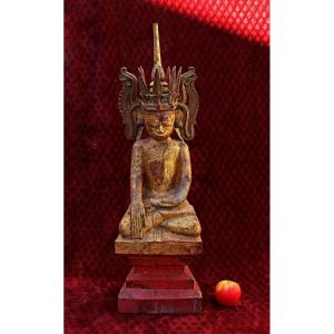 Large Antique Burmese Crowned Shan Buddha Bhumisparsa Mudra