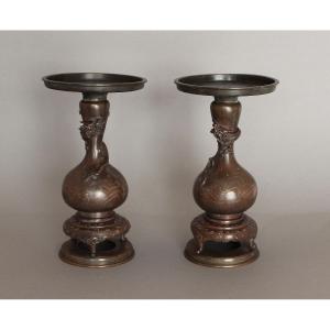Pair Of Antique Japanese Bronze Dragon Vases Silver Inlay Mixed Metals Meiji