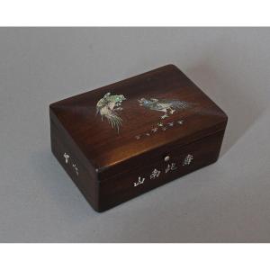 Vietnamese Indochinese Hardwood Box With Mother Of Pearl Inlays Fighting Cocks