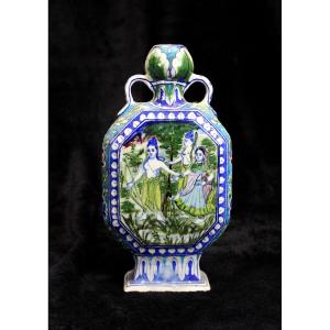 Blue Pottery Of Jaipur Indian Pigrim Vase, Hindu Gods Shiva, Parvati, Nandi. 19th Century