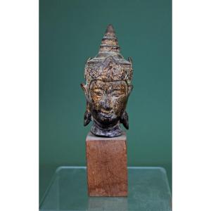 Small Thai Ayutthaya Bronze Head Of A Crowned And Bejewelled Buddha 17th Century