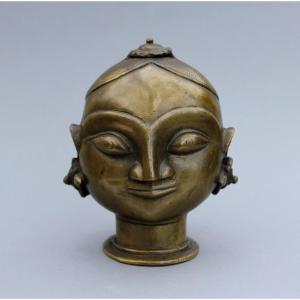Antique Indian Brass Head Of Hindu Goddess Paravati, Gauri.