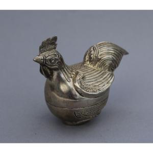 Antique Cambodian Solid Silver Betel Box In The Form Of A Chicken Or A Rooster. Hallmarked