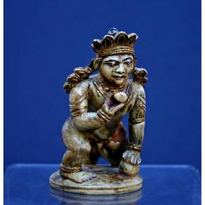 Antique Indian Krishna 17th Century Hindu Ivory Hand Carved Polychrome Gilt