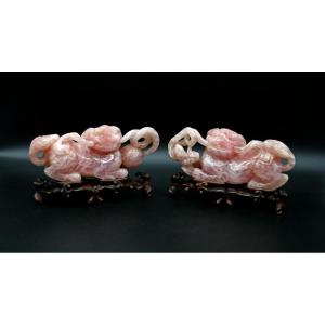 Pair Of Antique Chinese Carved Rose Quartz Imperial Guardian Lions - Fo Dogs