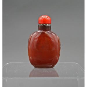 Antique Chinese Snuff Bottle Peking Glass Coral Stopper 