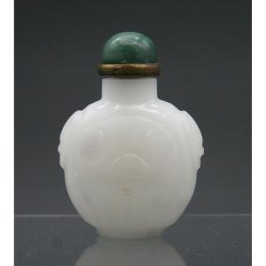 Antique Chinese Peking Glass Snuff Bottle Carved Imitating White Jade. Jade Stopper.