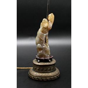 Antique Chinese Carved Agate Hard Stone Dancer Lamp