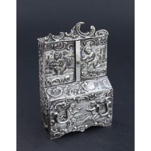 Antique Dutch Miniature Bureau Cabinet In Solid Silver, Hallmarked. Dolls House