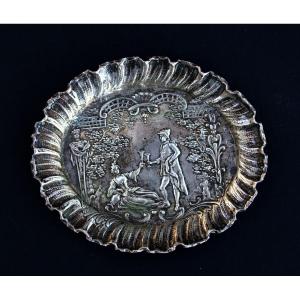 Antique Dutch Silver Miniature Tray, Romantic Scene. Dolls House.