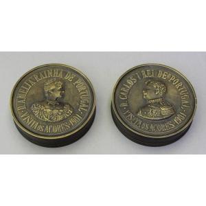 Pair Of Portuguese Royal Azores Commemorative Boxes, Carlos I Rei Amelia Rainha