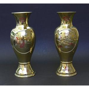 Pair Antique Japanese Bronze Vases Inlaid Mixed Metal Meiji