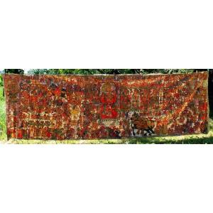 Large Old Indian Narrative Painting Pabuji Ki Phad (140 X 450 Cm), Paint On Canvas
