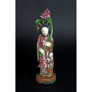 He XIangu "the Immortal Maiden " Antique Cantonese Polychrome Ivory Sculpture Chinese C19th