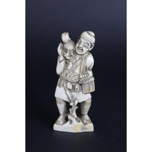 Antique Japanese Ivory Okimono, Man With Squirrel, Meiji Period, Circa 1890-1900