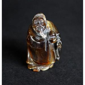 Japanese Carved Horn Netsuke Depicting Jurojin, God Of Longevity, Signed.