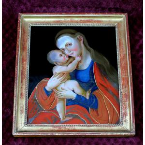 Antique Reverse Glass Painting Of The Virgin And Child