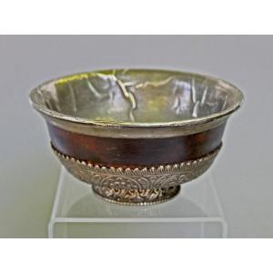 Antique Chinese Mongolian Tibetan Tea Bowl Solid Silver And Rhododendron Wood
